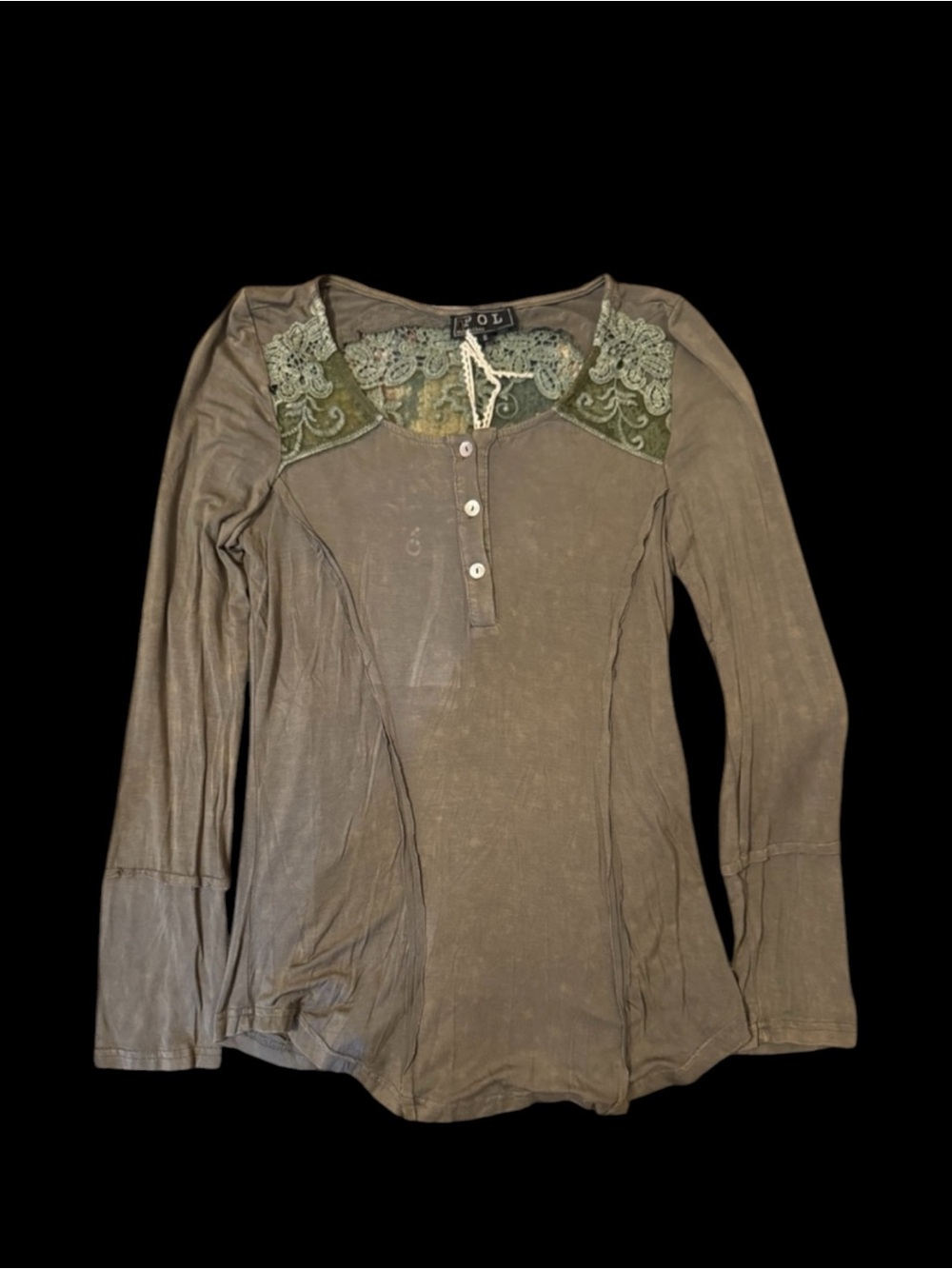 POL Olive Green Lace Back Henley Top Small NWT Boho Boutique Free People Style - Picture 2 of 6